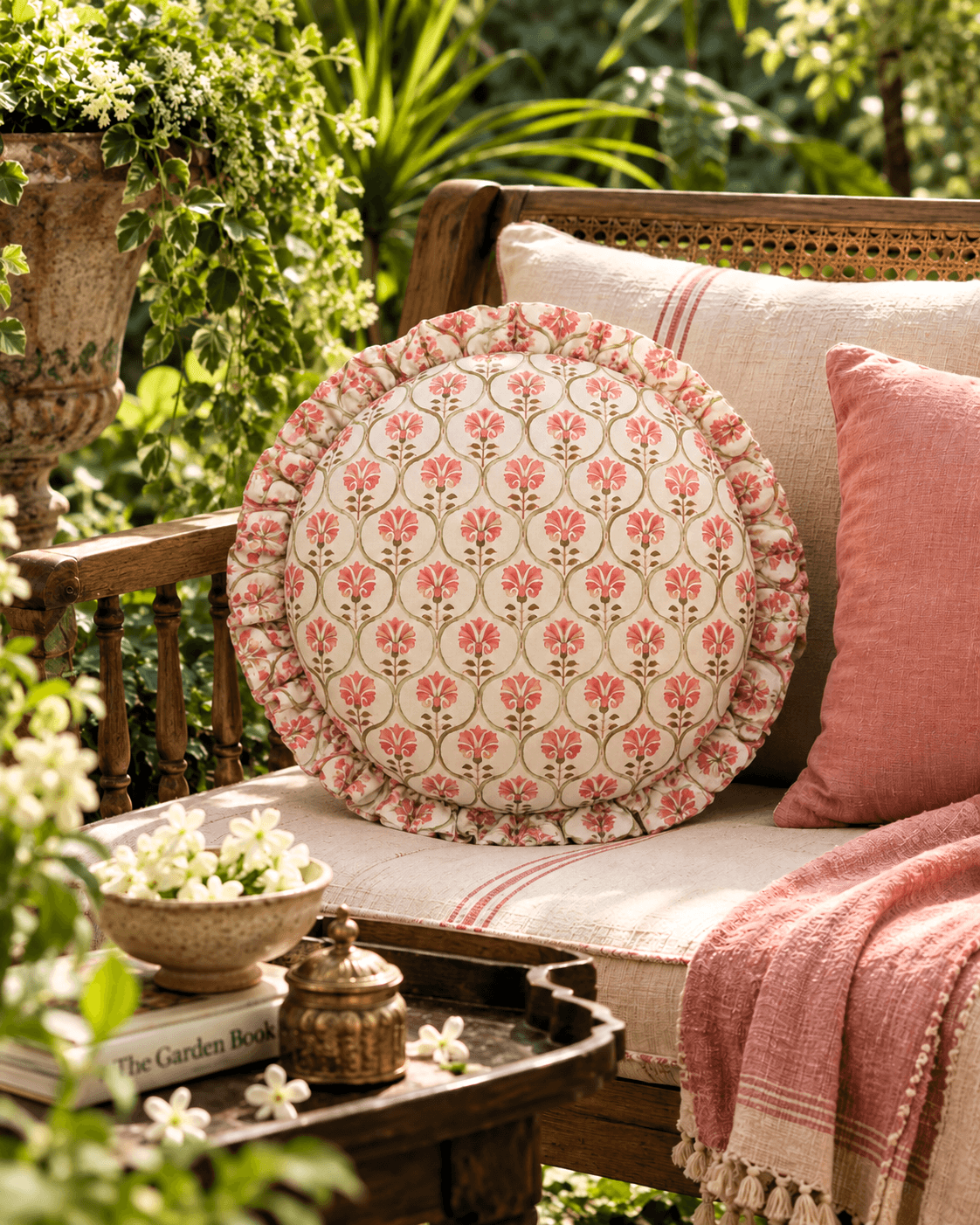 Lotus Ivory Round Cushion Covers with Frill Borders | Set of 2 view 0