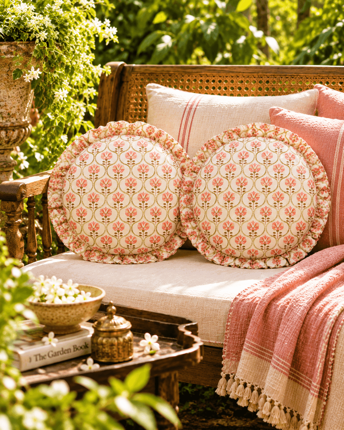 Lotus Ivory Round Cushion Covers with Frill Borders | Set of 2 view 2